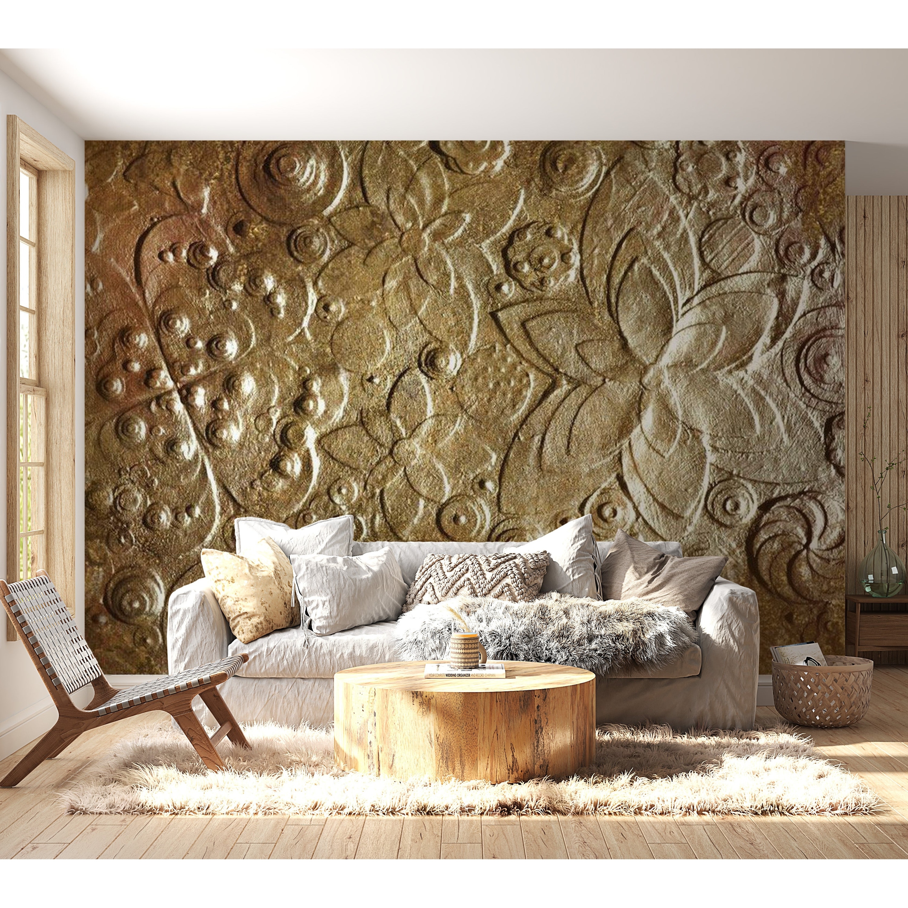 Tactile decorative wallcovering used as a bedroom feature wall